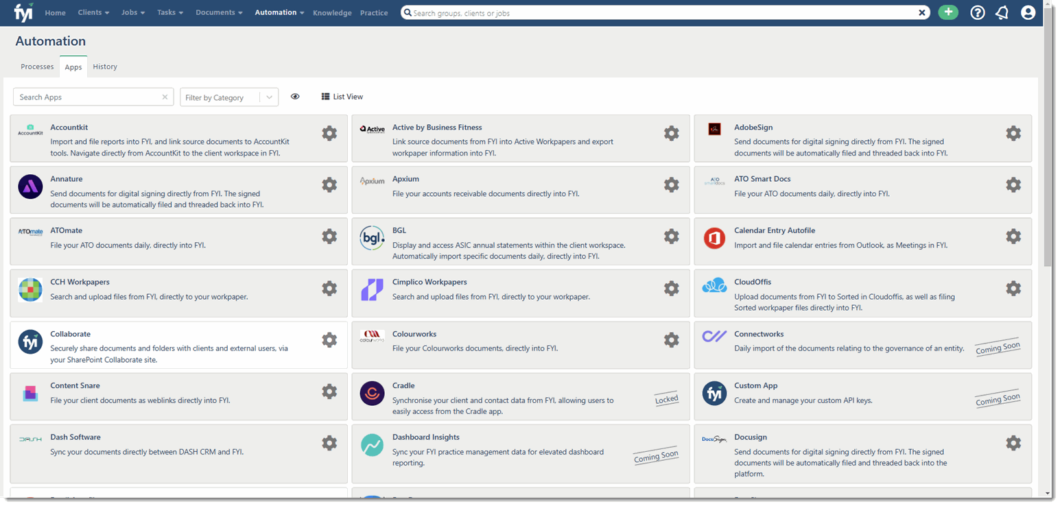Apps tab in Automation workspace
