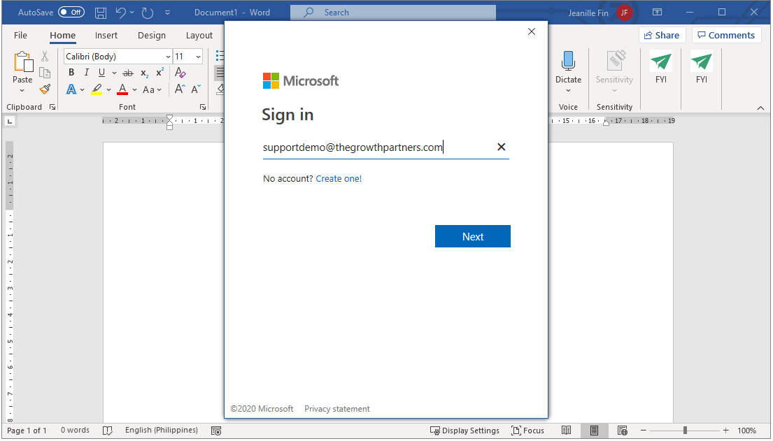 Microsoft 365 Sign in pop-up