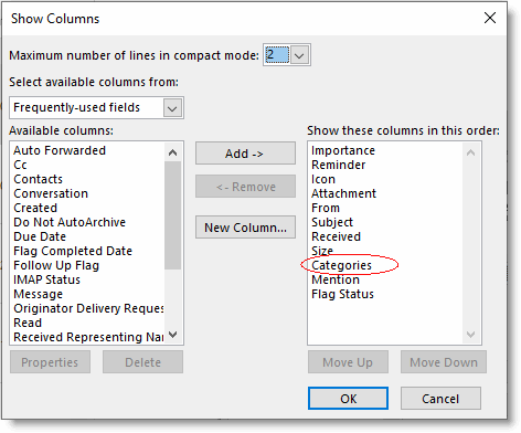 Outlook Categories column example